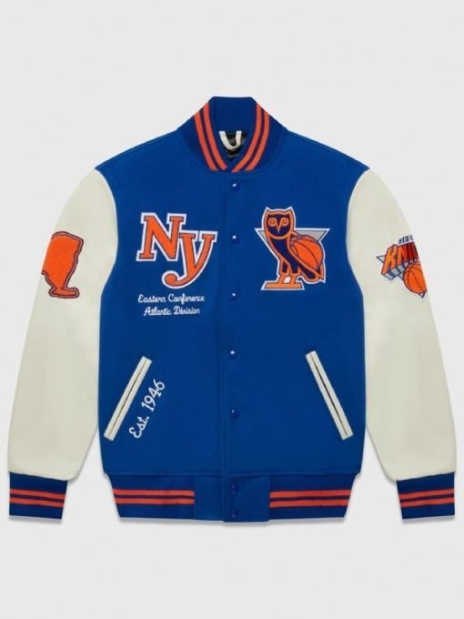 OVO Knicks Blue Varsity Jacket OVO Knicks Blue Varsity Jacket