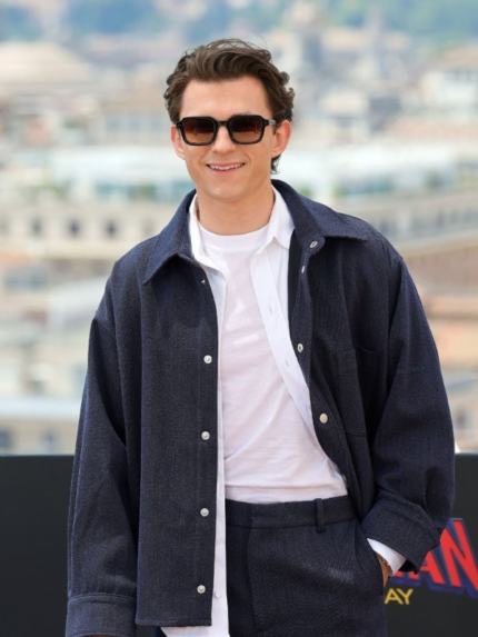 Recreated Tom Holland Spider-Man Brand New Day 2026 Rome Premiere Photocall Silver Snap Buttons Navy Shacket Jacket