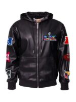 Super Bowl 2026 Vegan Leather Black Hooded Jacket