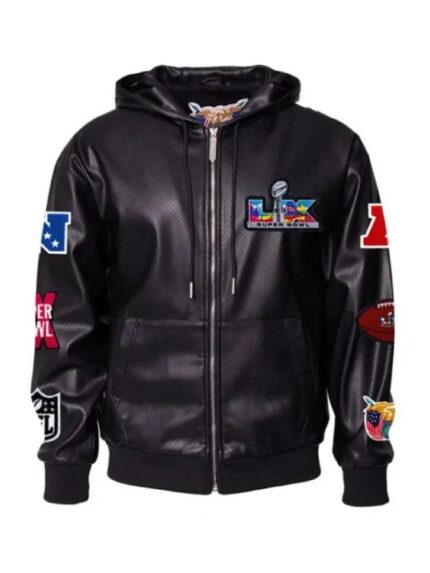 Super Bowl 2026 Vegan Leather Black Hooded Jacket