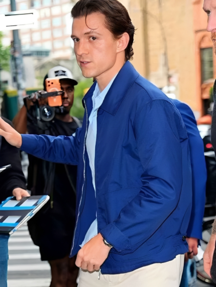 Tom Holland Spider Man Brand New Day 2026 NYC Press Tour Blue Jacket