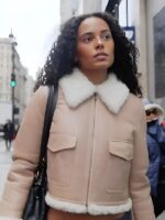 Ava Dash TV Series Next Gen NYC Season 2 Shearling Zipper Beige Leather Jacket