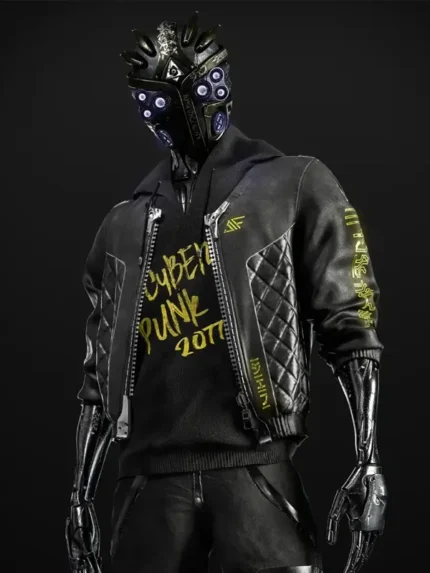 Inspired by: Video Game Cyberpunk 2077 Material: Real Leather Inner: Viscose Lining Collar: Rib-knitted Collar Front: Zipper Closure Sleeves: Full-length Sleeves Cuffs Style: Rib-knitted Style Cuffs Pockets: Two Inside Pockets Color: Black