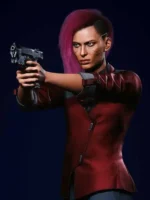 Cyberpunk-Female-V-Blazer-–-Crimson-Red-Leather-Blazer-Close-Up-Vierw (1)