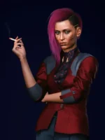 Cyberpunk-Female-V-Blazer-–-Crimson-Red-Leather-Blazer-Close-Up-Vierw (1)