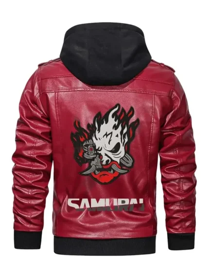 Cyberpunk-Samurai-Red-Hooded-Leather-Jacket-Back-View