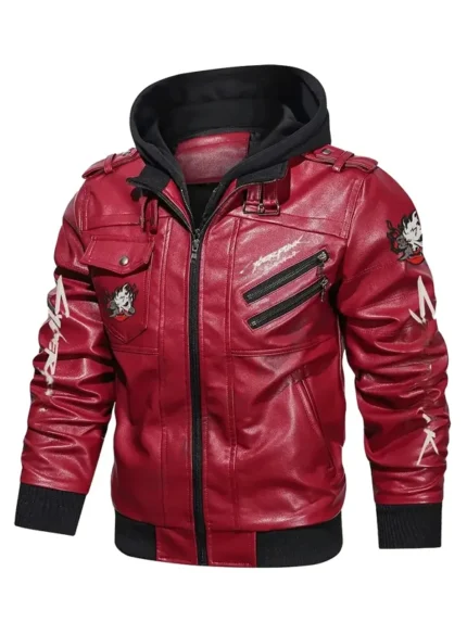 Cyberpunk-Samurai-Red-Hooded-Leather-Jacket-Front-View