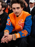 MSG-Knicks-vs-Pacers-Game-Timothee-Chalamet-Chrome-Hearts-Leather-Sleeves-Varsity-Jacket