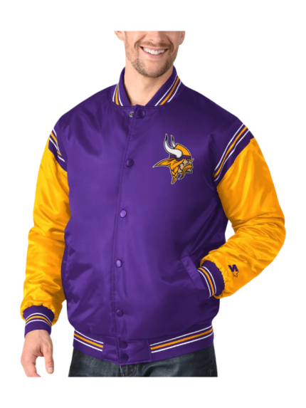 Mens-Starter-Purple-Gold-Minnesota-Vikings-Enforcer-Satin-Varsity-Full-Snap-Jacket