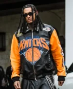 Recreated - Jordan Clarkson NBA Finals 2026 Who Decides War x New York Knicks Championship Statue of Liberty Back Graphic Black & Orange Leather Jacket