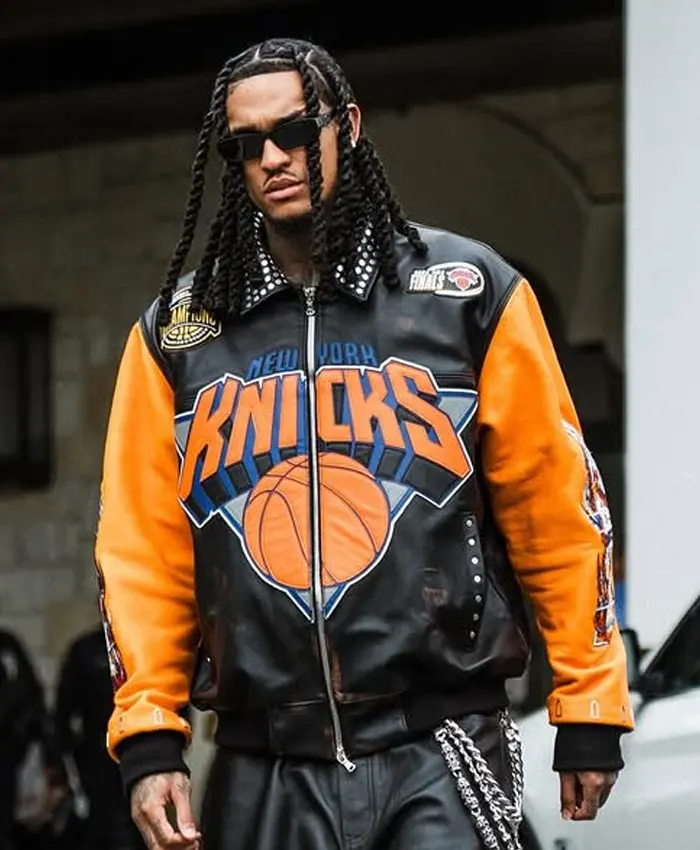Recreated - Jordan Clarkson NBA Finals 2026 Who Decides War x New York Knicks Championship Statue of Liberty Back Graphic Black & Orange Leather Jacket