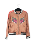 Recreated Zoey’s Extraordinary Playlist Season 1 Singing Woman Tropical Floral Palm Tree Embroidery Pink Satin Bomber Jacket