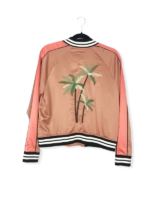 Woman Tropical Floral Palm Tree Embroidery Pink Satin Bomber Jacket
