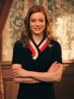 Zoey Clarke Zoey’s Extraordinary Playlist S02 Jane Levy Pink Striped Collar Black Knitted Top
