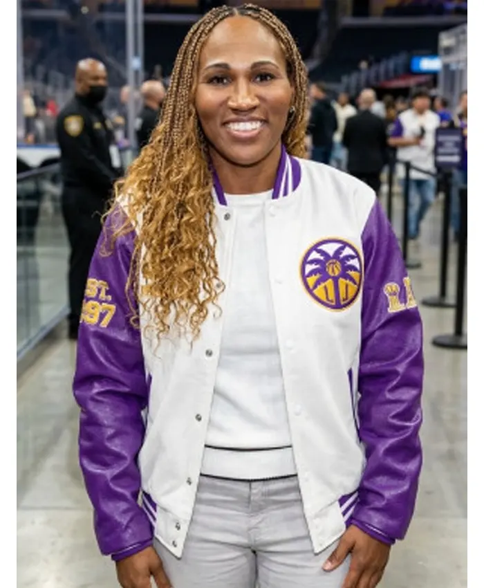 New-York-Liberty-v-Los-Angeles-Sparks-2026-Nicky-McCrimmon-White-and-Purple-Varsity-Jacket-Front