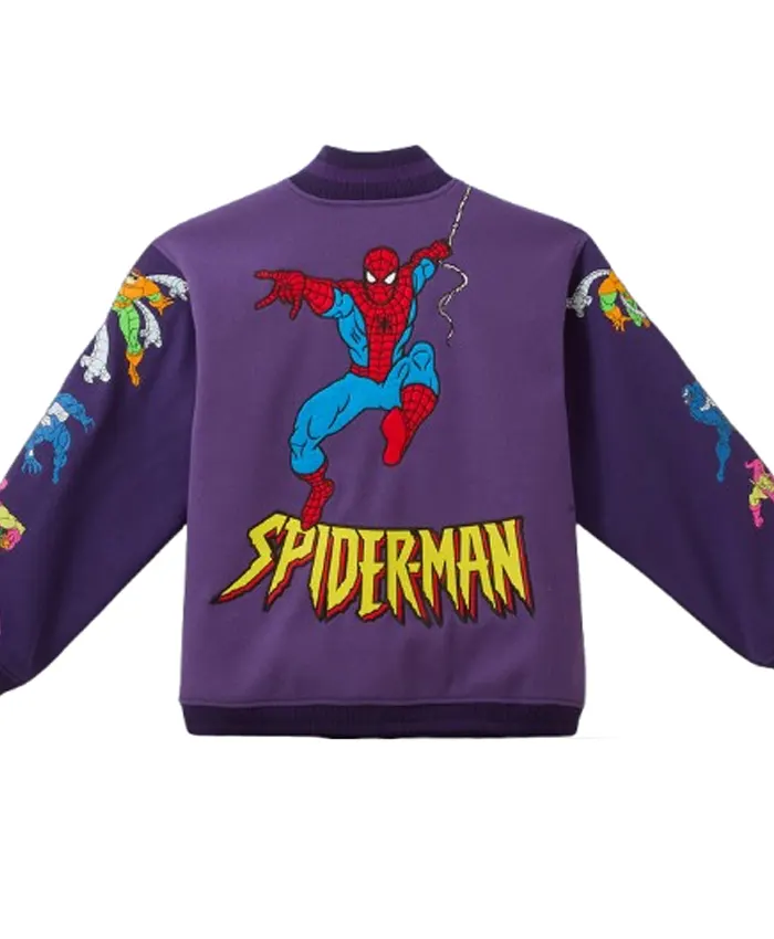 Spider-Man-Retro-Purple-Wool-90-Varsity-Bomber-Jacket-Back