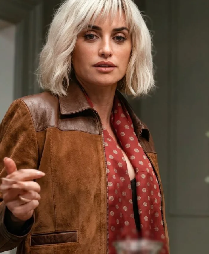 The-Invite-2026-Penelope-Cruz-Brown-Mixed-Media-Cropped-Suede-Leather-Jacket