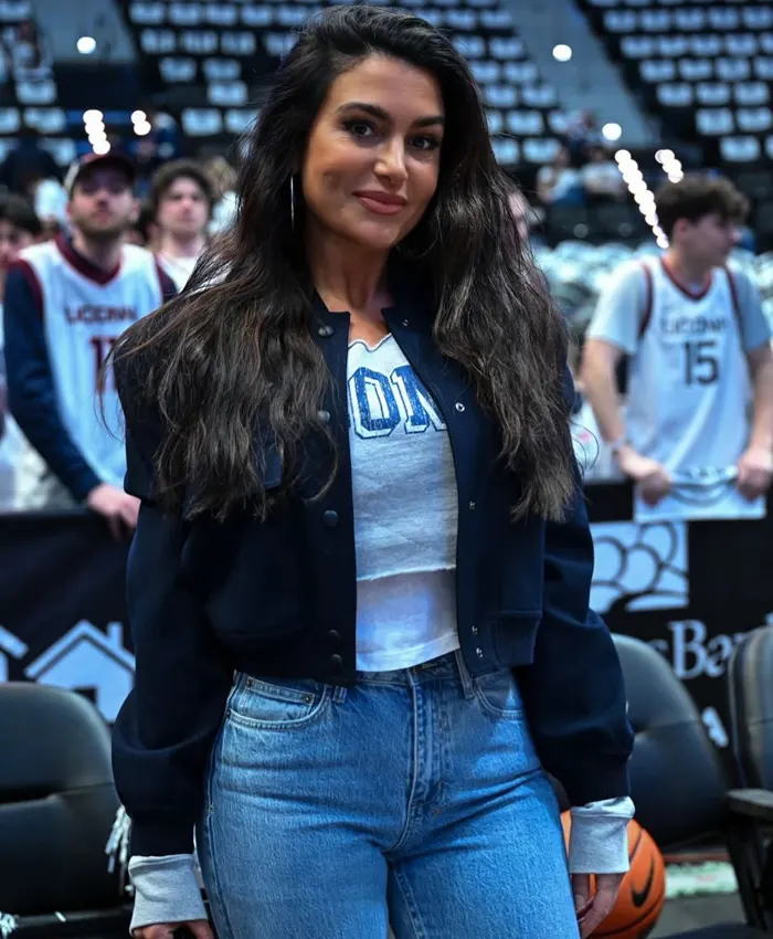 UCONN-Basketball-Game-2026-Molly-Qerim-Cropped-Blue-Wool-Bomber-Jacket-Front