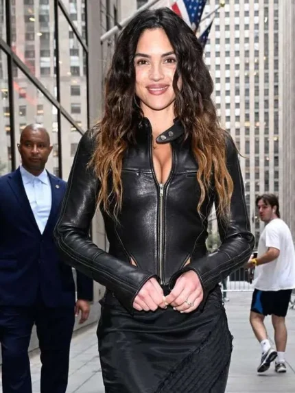 Adria-Arjona-NYC-NBC-Studios-Black-Leather-Jacket