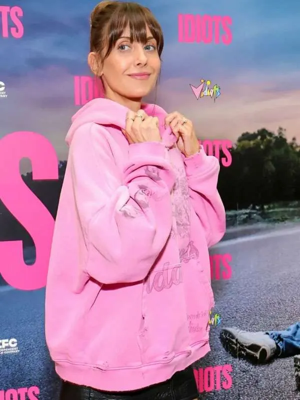 Alison-Brie-Idiots-2026-Pink-Hoodie