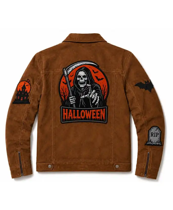 Halloween-Trick-or-Treat-Skeleton-Ghost-Vintage-Brown-Horror-Suede-Leather-Jacket
